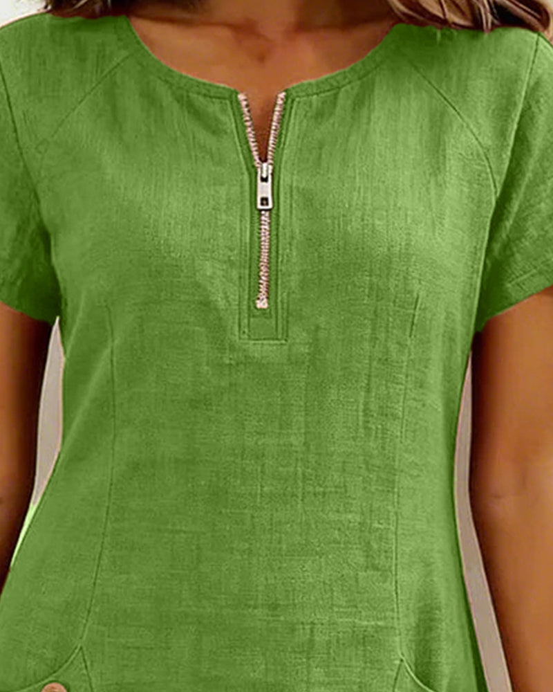 Emma - Zip-Up Cotton Linen Dress with Pockets