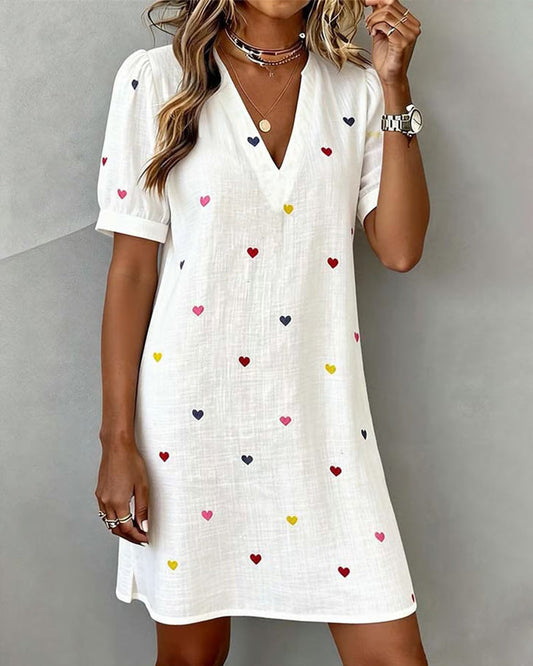 Arianne - Colorful V-Neck Heart Print Dress