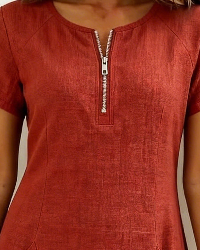 Emma - Zip-Up Cotton Linen Dress with Pockets
