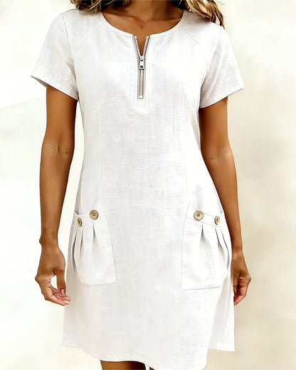 Emma - Zip-Up Cotton Linen Dress with Pockets