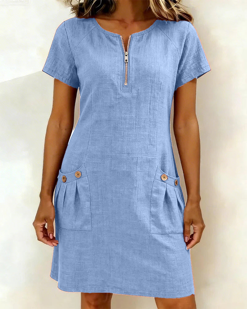 Emma - Zip-Up Cotton Linen Dress with Pockets
