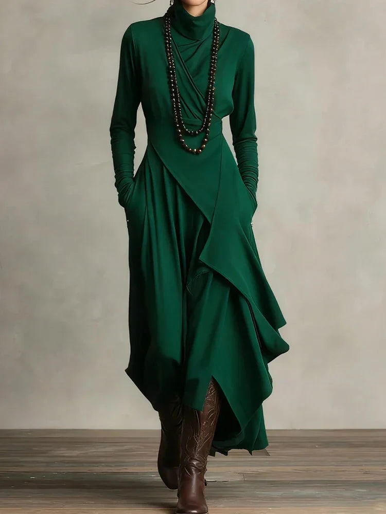 Teresa | Asymmetric Knit Maxi Dress with Turtleneck