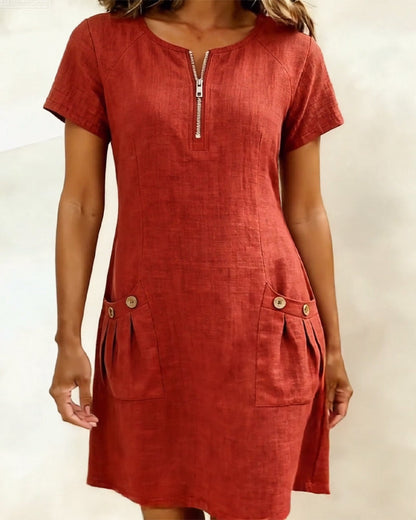 Emma - Zip-Up Cotton Linen Dress with Pockets