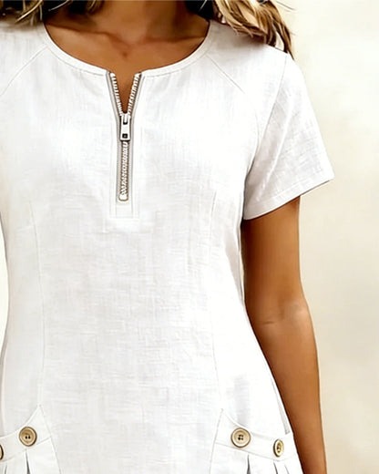 Emma - Zip-Up Cotton Linen Dress with Pockets