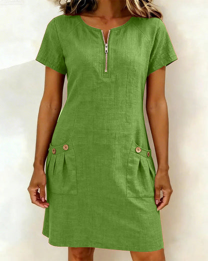 Emma - Zip-Up Cotton Linen Dress with Pockets
