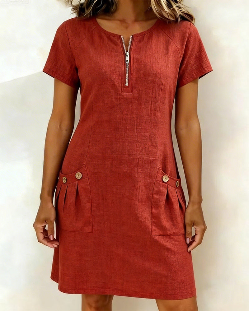 Emma - Zip-Up Cotton Linen Dress with Pockets
