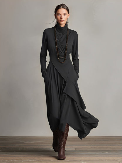 Teresa | Asymmetric Knit Maxi Dress with Turtleneck